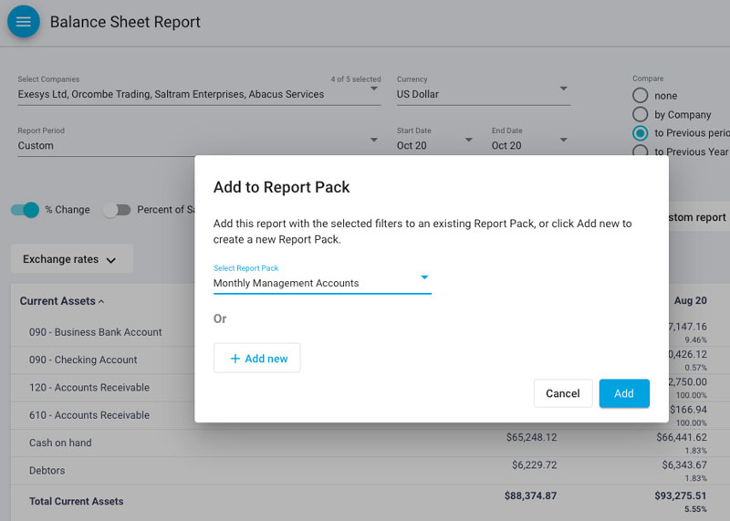 Report pack configuration screen in Joiin