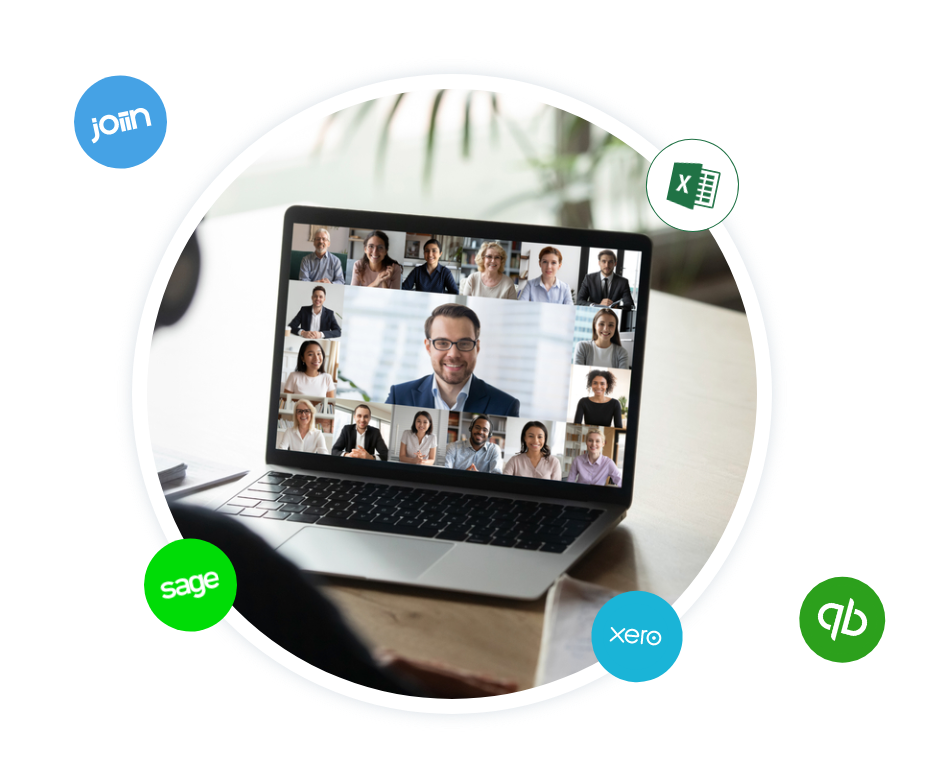 Graphic showing an accountancy advisor meeting with multiple clients online