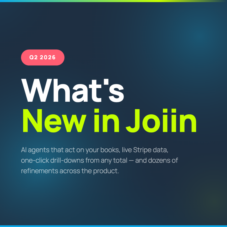 Hero banner announcing 'What’s New in Joiin' for Q2 2026 with a pink 'Q2 2026' badge on a blue gradient background and a supporting subtitle about AI agents and Stripe data.