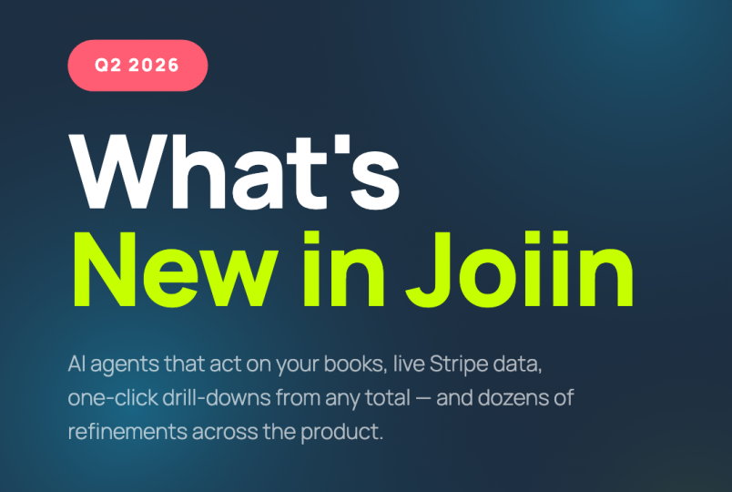 Hero banner announcing 'What’s New in Joiin' for Q2 2026 with a pink 'Q2 2026' badge on a blue gradient background and a supporting subtitle about AI agents and Stripe data.