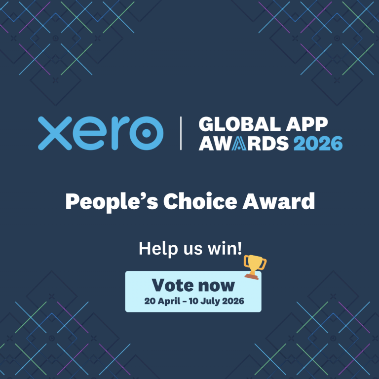 Header banner: Xero logo with 'GLOBAL APPS AWARDS 2026' and 'People’s Choice Award' on a dark blue background with colorful geometric accents.