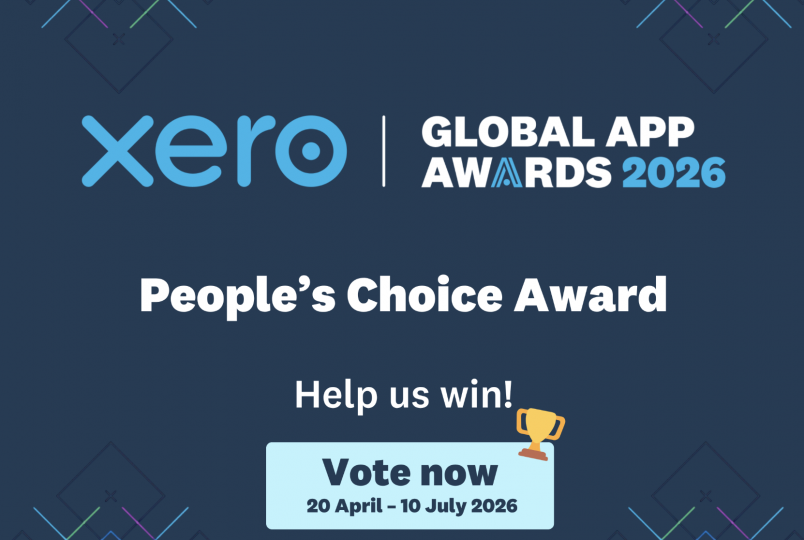 Header banner: Xero logo with 'GLOBAL APPS AWARDS 2026' and 'People’s Choice Award' on a dark blue background with colorful geometric accents.