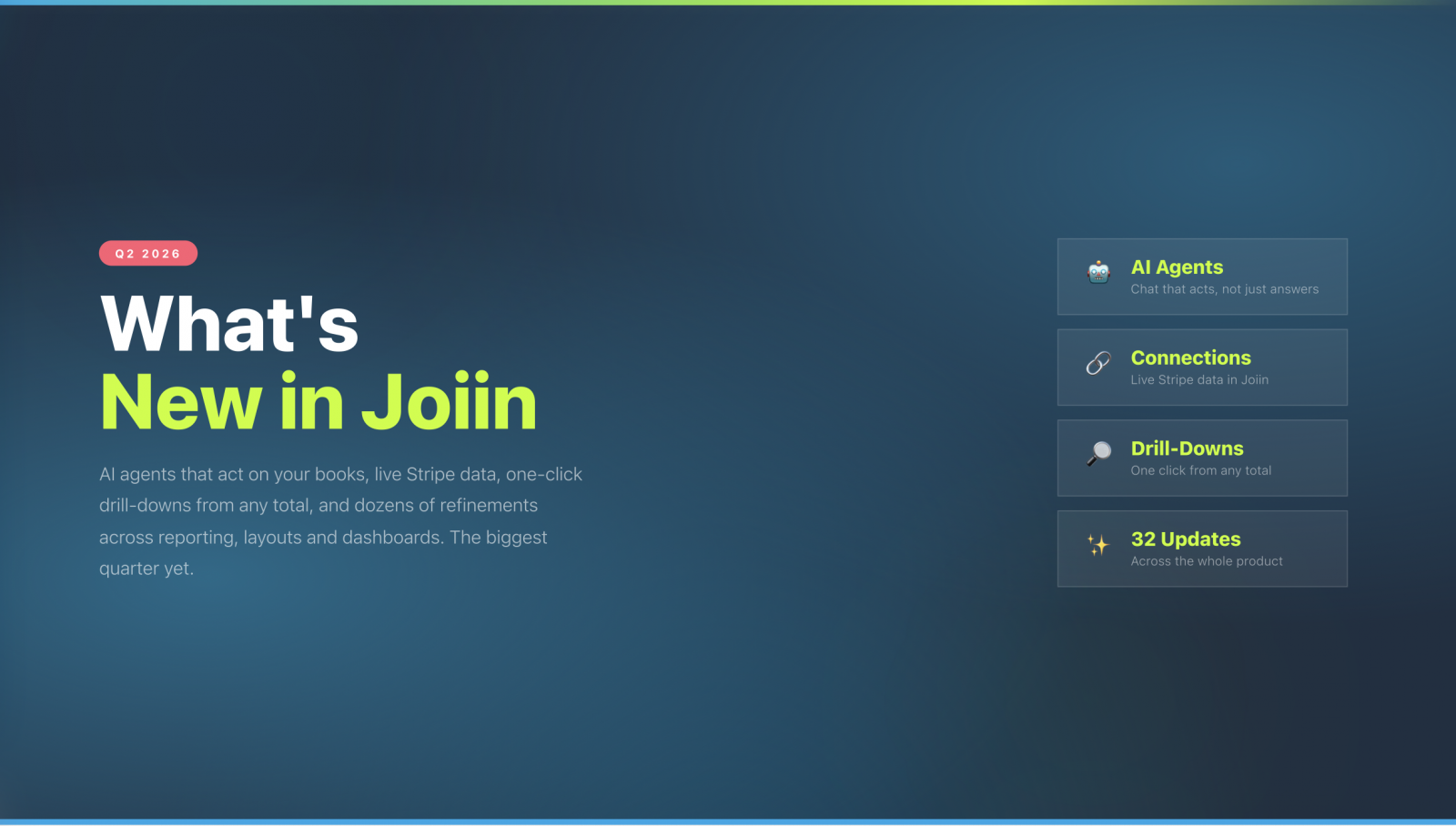 Screenshot 2026-07-03 at 12.10.12 Hero header with large white 'What’s' and bright lime 'New in Joiin' on a blue gradient background; right-side vertical cards read AI Agents, Connections, Drill-Downs, 32 Updates.