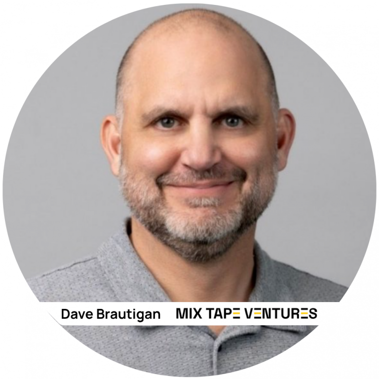 Portrait of Dave Brautigan, smiling, circular crop for Mix Tape Ventures profile.