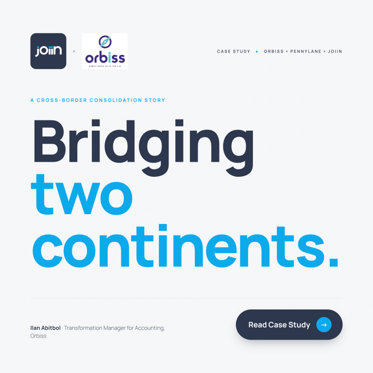 Case study banner: JOIN and Orbiss logos with 'A cross-border consolidation story' and 'Bridging two continents' text.