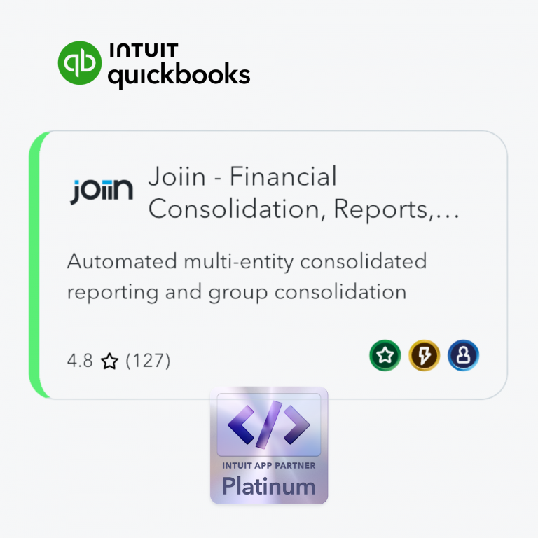 Intuit QuickBooks logo at top left with a rounded green border card showing 'Join - Financial Consolidation, Reports' and partner badge below