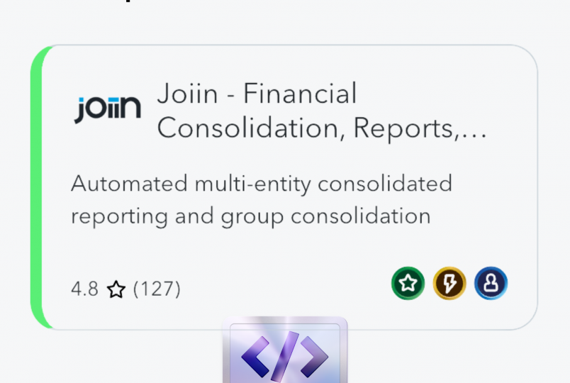 Intuit QuickBooks logo at top left with a rounded green border card showing 'Join - Financial Consolidation, Reports' and partner badge below