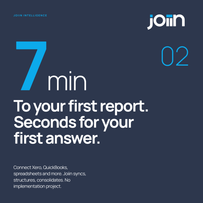 Poster ad for Join Intelligence featuring bold '7 min' and the slogan 'To your first report. Seconds for your first answer.' with the Join logo in the top-right and a small '02' on the right.