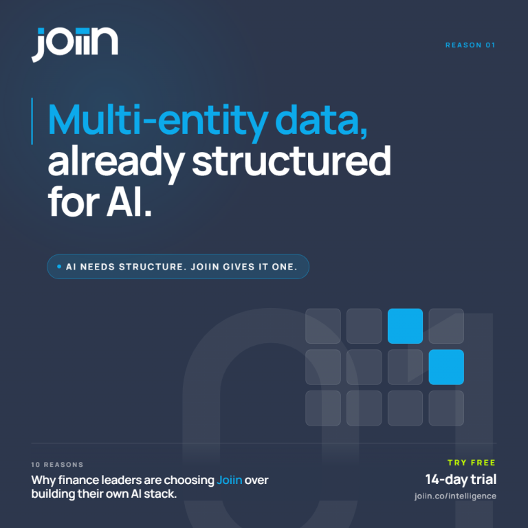 Hero banner for Join: dark blue background, logo top left, large blue and white headline 'Multi-entity data, already structured for AI.' with a rounded pill note and abstract grid graphic in the lower right.