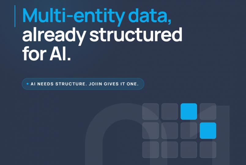 Hero banner for Join: dark blue background, logo top left, large blue and white headline 'Multi-entity data, already structured for AI.' with a rounded pill note and abstract grid graphic in the lower right.