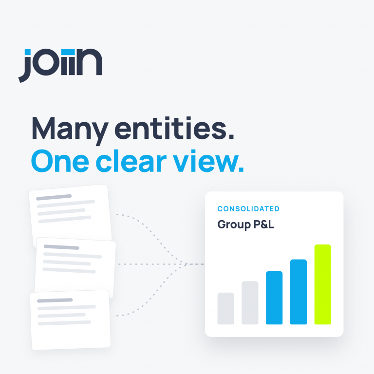 Join logo on the left with bold dark text reading 'Many entities.' followed by 'One clear view.' in bright blue on a light background.