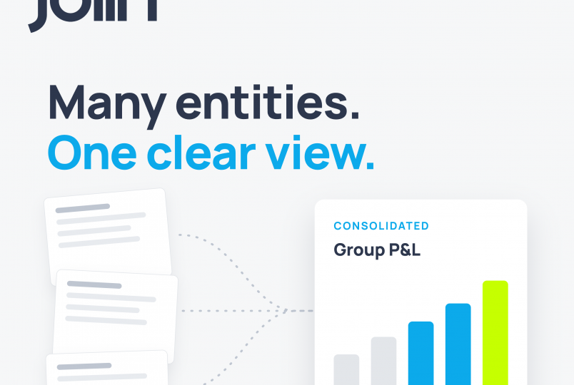 Join logo on the left with bold dark text reading 'Many entities.' followed by 'One clear view.' in bright blue on a light background.
