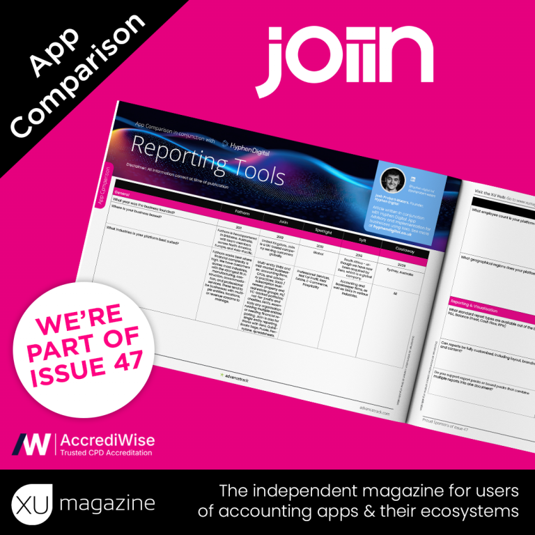 Magenta XU magazine cover with 'Join' branding, a diagonal 'App Comparison' banner, and a white badge reading 'WE'RE PART OF ISSUE 47'.
