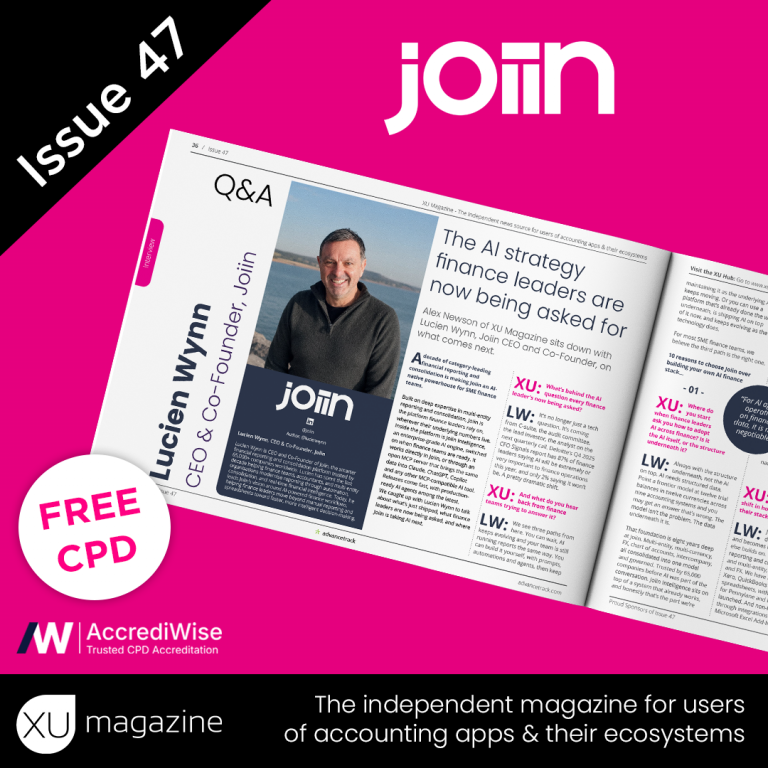 Front cover of join magazine, issue 47, featuring a Q&A spread on AI strategy for finance leaders, with a photo of a man and a Free CPD badge