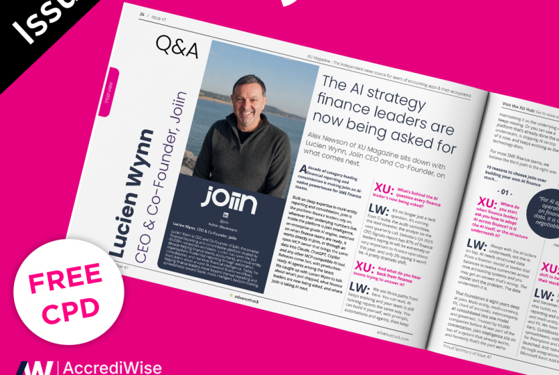 Front cover of join magazine, issue 47, featuring a Q&A spread on AI strategy for finance leaders, with a photo of a man and a Free CPD badge