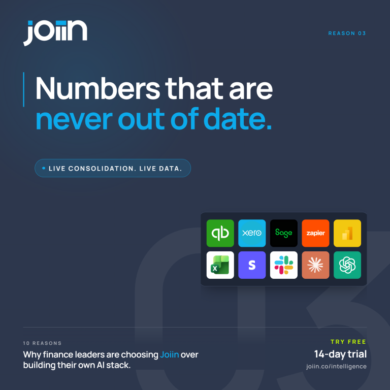 Join logo top-left; large headline 'Numbers that are never out of date' with blue accent; colorful app icons in a rounded panel bottom-right.