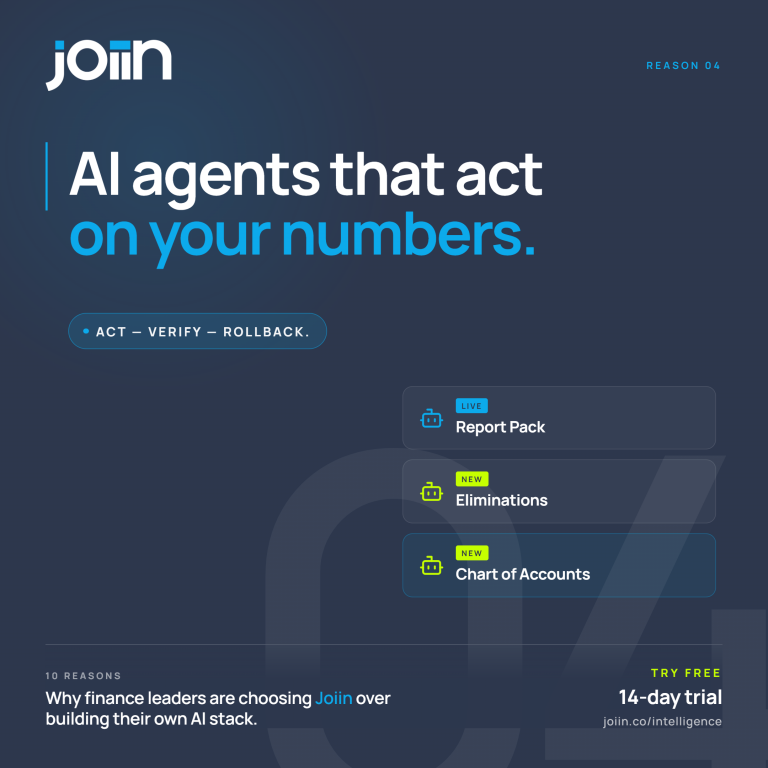 Hero banner for Join: dark blue gradient with white 'join' logo, headline 'AI agents that act on your numbers' in white and light blue accents.