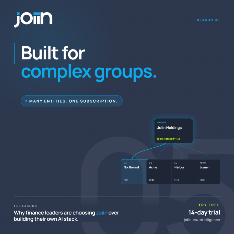 Hero banner with the white 'join' logo top left and the headline 'Built for complex groups' on a dark blue gradient background, plus a currency selector at bottom right.