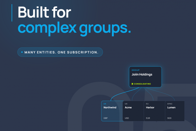 Hero banner with the white 'join' logo top left and the headline 'Built for complex groups' on a dark blue gradient background, plus a currency selector at bottom right.