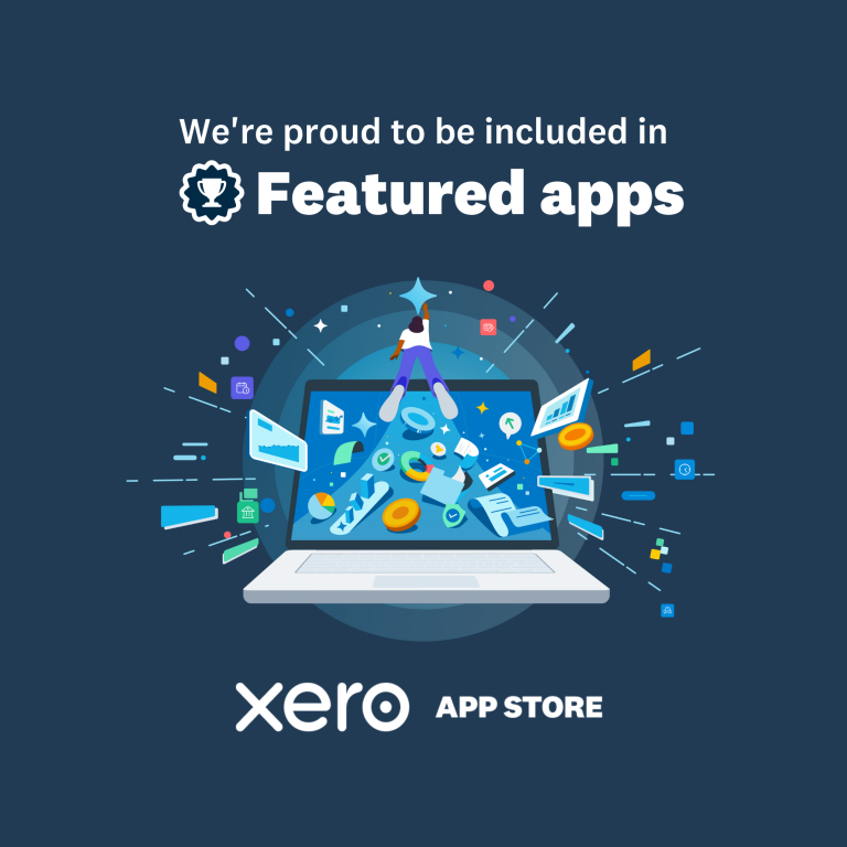 Banner announcing inclusion in Xero App Store (Featuring apps) with a trophy icon on a dark blue background.