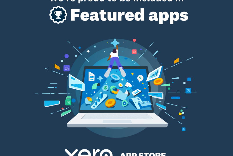 Banner announcing inclusion in Xero App Store (Featuring apps) with a trophy icon on a dark blue background.