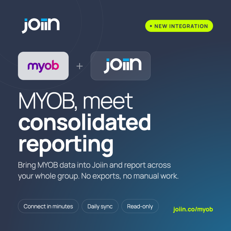 Promotional banner showing MYOB and Join integration with a ‘NEW INTEGRATION’ badge and the slogan “MYOB, meet consolidated reporting.”