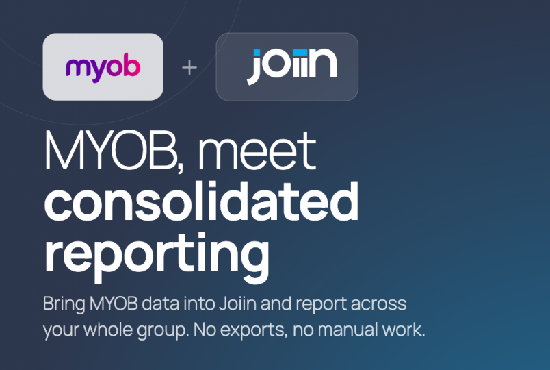 Promotional banner showing MYOB and Join integration with a ‘NEW INTEGRATION’ badge and the slogan “MYOB, meet consolidated reporting.”