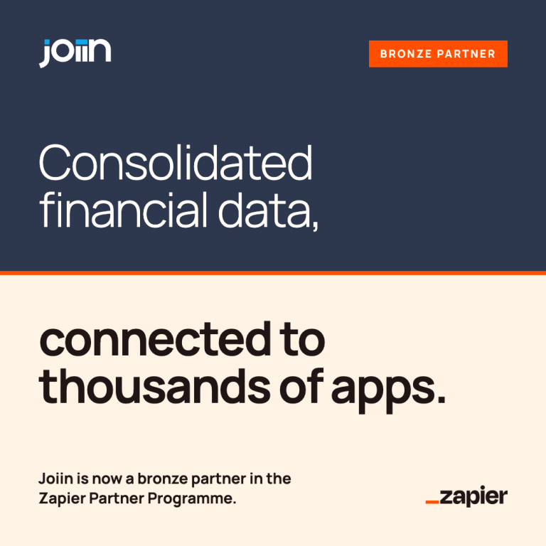 Banner announcing Join as a Bronze Zapier partner: dark blue top with Join logo and orange 'BRONZE PARTNER' badge, beige bottom with bold text: 'consolidated financial data, connected to thousands of apps.' and smaller line: 'Join is now a bronze partner in the Zapier Partner Programme.' with Zapier logo on the lower right.
