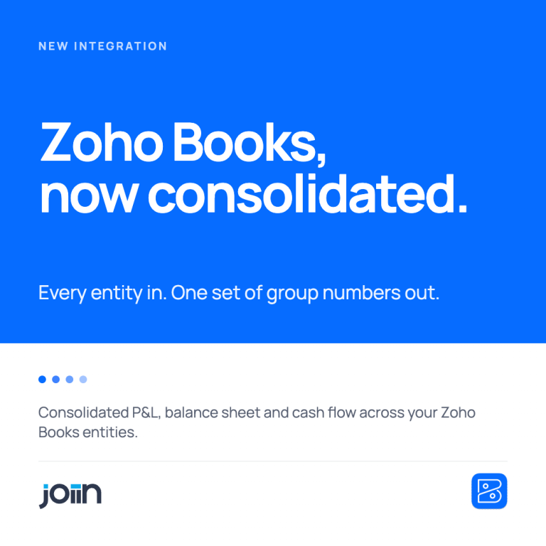 Blue hero announcing a new integration: 'Zoho Books, now consolidated.' with subheading about consolidating P&L, balance sheet, and cash flow across Zoho Books entities; pagination dots and logos visible at the bottom.