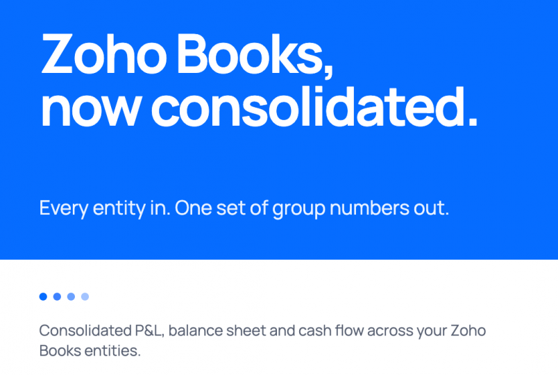 Blue hero announcing a new integration: 'Zoho Books, now consolidated.' with subheading about consolidating P&L, balance sheet, and cash flow across Zoho Books entities; pagination dots and logos visible at the bottom.