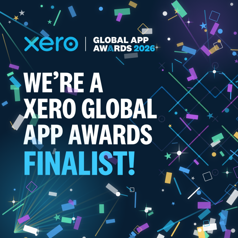 Celebratory banner announcing 'We're a Xero Global App Awards finalist' with the Xero logo and scattered confetti.