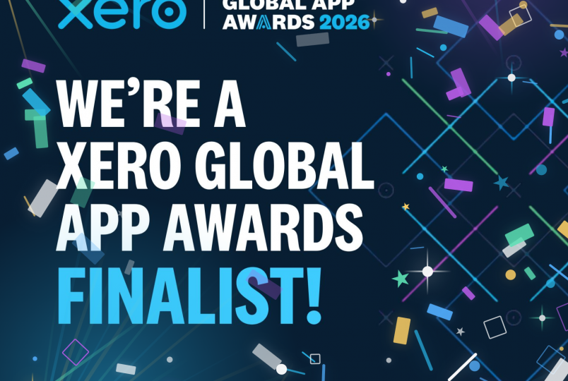 Celebratory banner announcing 'We're a Xero Global App Awards finalist' with the Xero logo and scattered confetti.